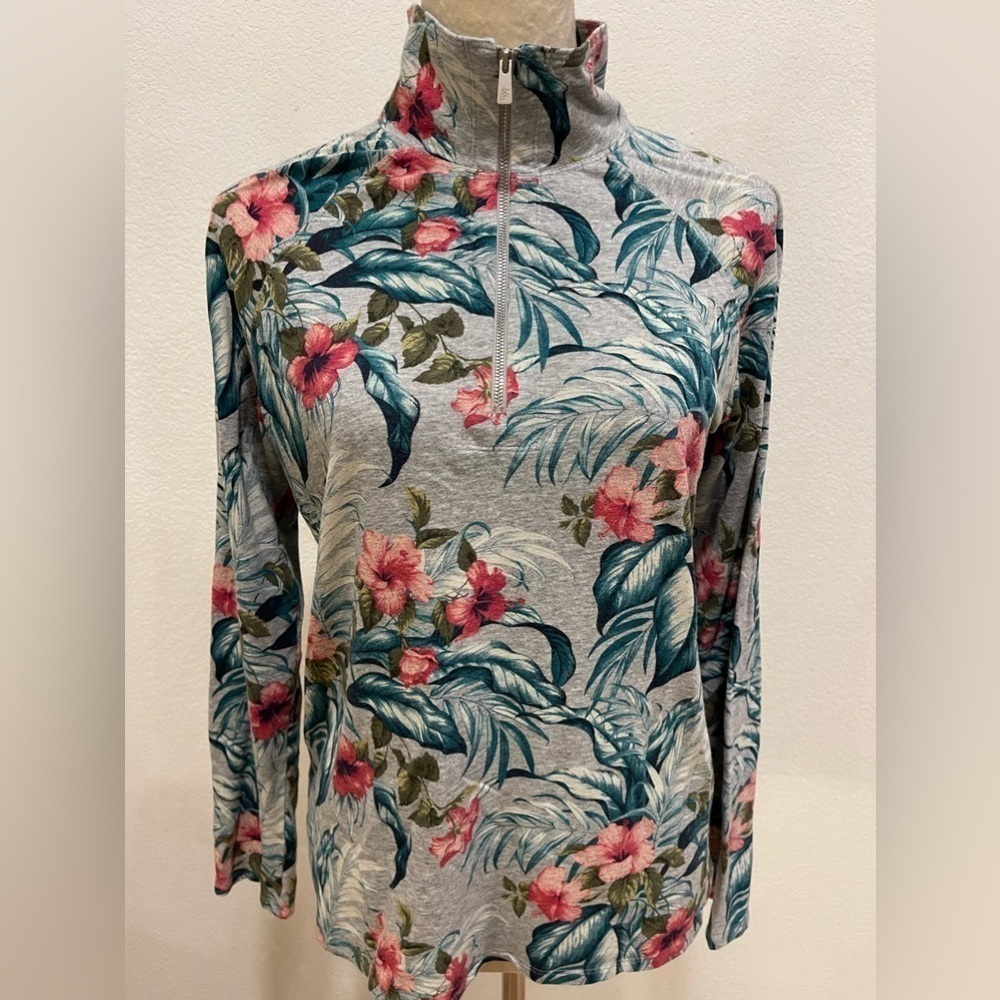 Tommy Bahama Tropical Grey Hawaiian Hibiscus 1/4 Zip Cotton Spandex Size S P
